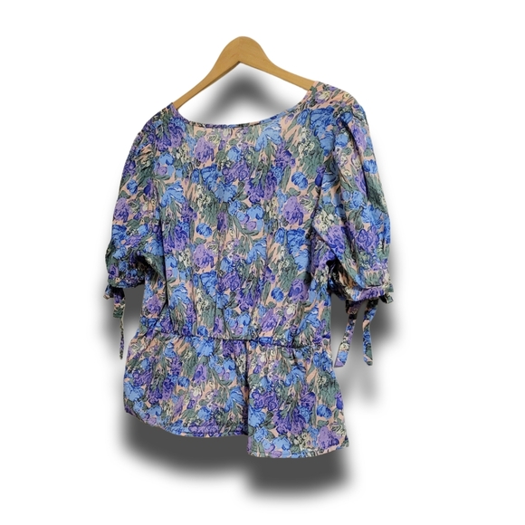 🌿Sweet Rain Women's 2XL Cotton Blue Purple Tan Puff Sleeve Floral Top - Picture 9 of 12
